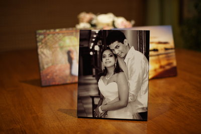 B+W wedding photo/art block on table top. By Ross Photography, Trinidad, W.I..