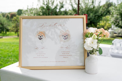 Signature cocktial menu with their dogs pictured on it, Connemara House wedding reception