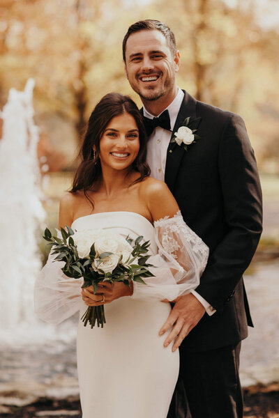 Ben Higgins and Jessica Clarke wedding portrait with bouquet at Cherokee Dock Estate.