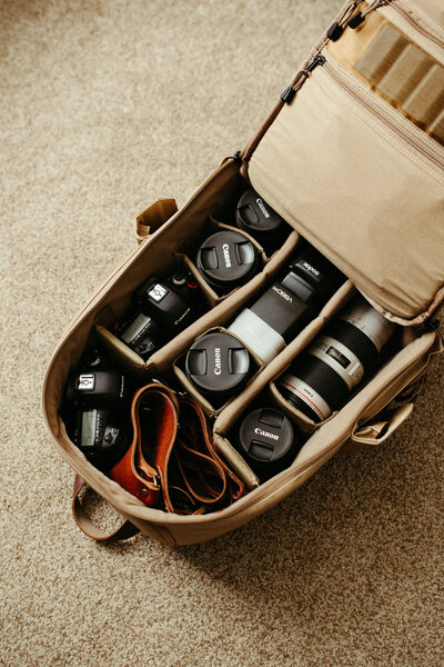 Wedding photographer gear bag packed up