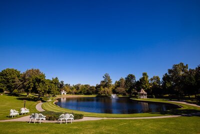 View of the heart-shaped lake at Grand Tradition Estate and Gardens in San Diego