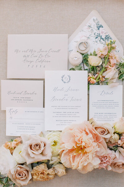 beautiful flatlay of traditional classic invitation suite