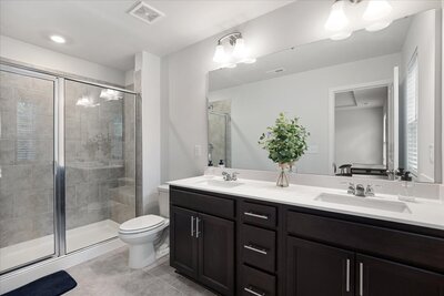 A bright and modern bathroom, a dual-sink vanity with dark cabinets and white countertops, large mirror, and a touch of greenery for decor.