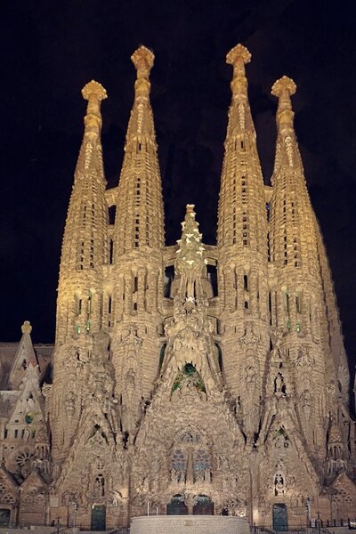 Nighttime image of the Basilica de la Sagrada Familia in Barcelona Spain.