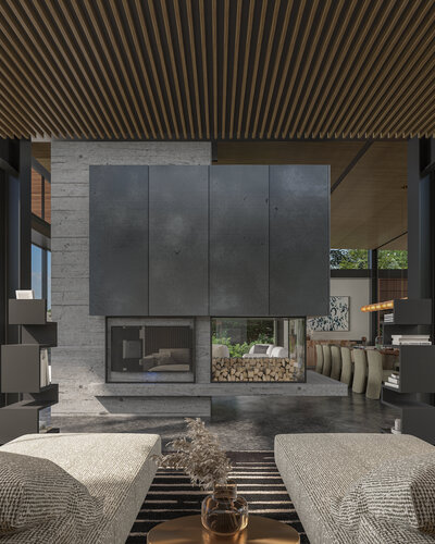 dark and moody living space with fireplace