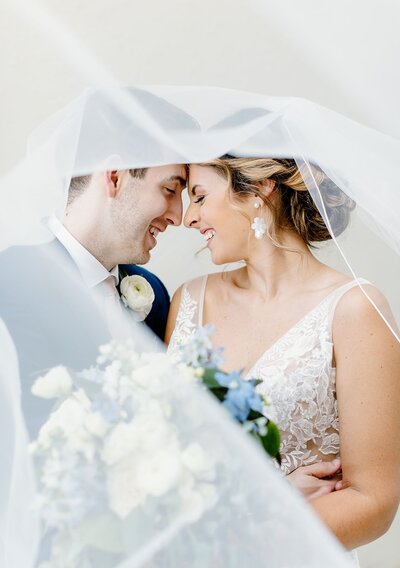 Bride and groom touching foreheads with them both under the veil