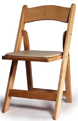 NATURAL WOOD FOLDING CHAIR WITH TAN VINYL SEAT- Guaranteed Lowest Prices Since 2001 - 800 lb Capacity - Solid Hardwood with Soft Cushion Seat - Constructed with Nailed and Glued Joints - 5 Yr Warranty - Great for Weddings - Call for Quanti
