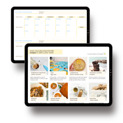 Mockup of 2 ipads with Mollie Mason's meal planning guide on the screens