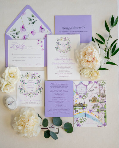 Purple and Greenery Wedding Invitation and Map