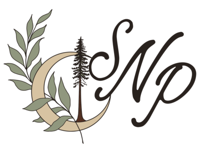 Graphic Image, leaves wrap around a crescent moon with a tree near it, SNP Logo