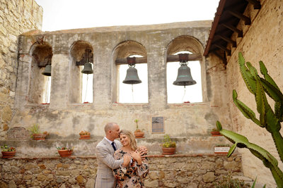Stylish couple engagement session at  Mission San Juan Capistrano