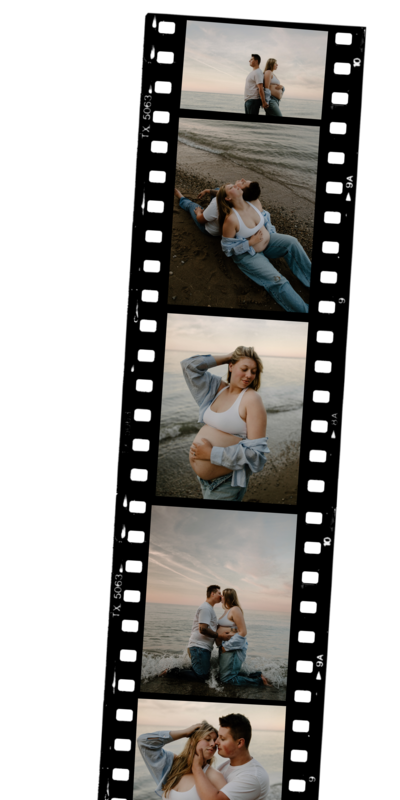 Film strip with 5 photos of a maternity photoshoot on the beach in Milwaukee, Wisconsin at Lake Michigan with a dark, moody vibe. Photo by Morgan Ashley Lynn Photography, Lake Country, Milwaukee and Madison, WI Maternity, Wedding and Family Photographer