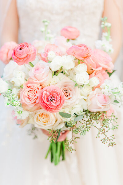 Photo of a pink bouquet at a wedding in Atlanta Georgia at the Wimbish House by Jennifer Marie Studios.