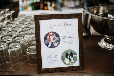 Signature Drinks Menu with photos of their dogs, Unique Melody Events & Design helped with wedding (New England Wedding Planners)