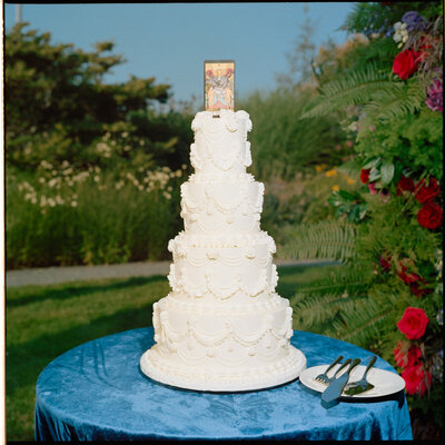 medium format film photo of a multi tier cake with a tarot card on a blue velvet table
