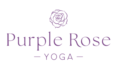 Logo for Purple Rose Yoga. Purple Rose in a serif font and the word yoga in a sans serif font below. Above the text is an illustration of a rose without a stem.