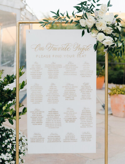 White and gold seating chart on a gold stand
