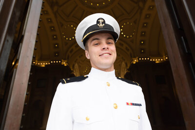 USNA Senior outside the rotunda of Bancroft hall at the Naval Academy in Annapolis Maryland.