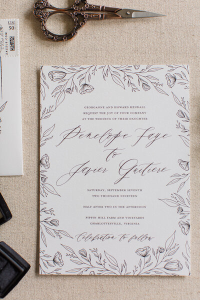 Bohemian Style Floral Sketched Wedding Invitations