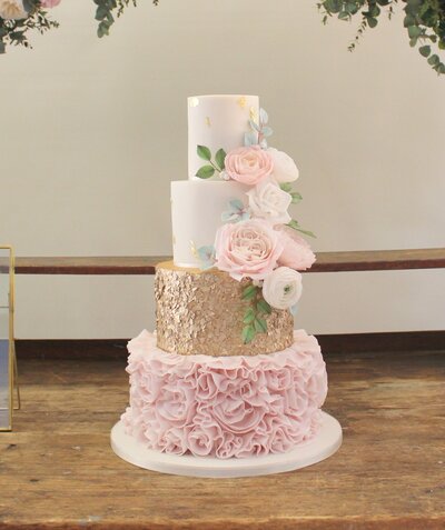Wedding Cakes Nottingham, pink and gold ruffle wedding cake, The Pumping House