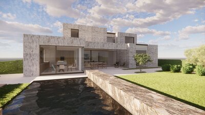 moderne nieuwbouw villa met praktijk en beige gevelsteen overdekt terras en strak volumespel