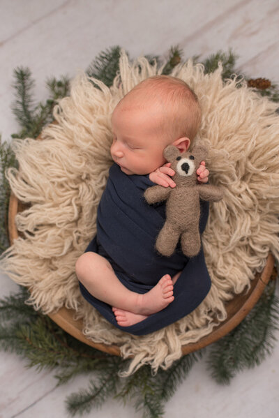 Baby boy wrapped in blue, holding a teddy bear at his newborn photo shoot