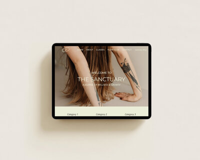 iPad mockup of Verve Pilates Showit website template for health and wellness