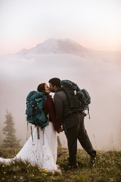 couple kissing after Mt. Rainier Elopement