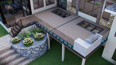 Photorealistic 3D rendering of a PVC deck with integrated walkable glass tiles to allow sunlight to reach the windows beneath the deck. 