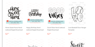 Black hand lettered digital files with phrases "home sweet home", "happy birthday", and "good vibes"