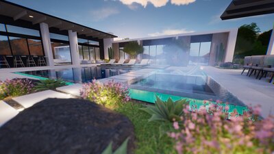 Mid-century modern house with luxury zero-edge pool and lush landscaping in Scottsdale, Arizona.