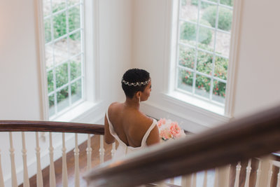 African American Bride Posing on Stairs