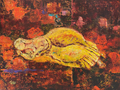 "Sleeping Goddess" in oil and cold wax by Marilyn Wells in reds and yellows.