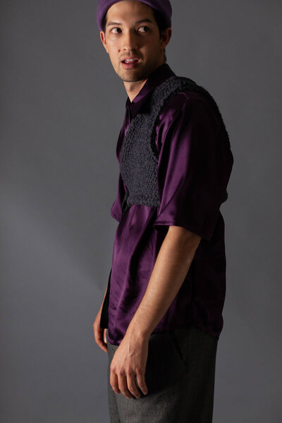 JWR model wearing purple silk shirt