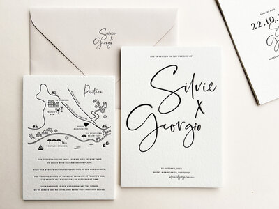 luxury designed and letterpress printed wedding invitation suite with oversized names Silvie