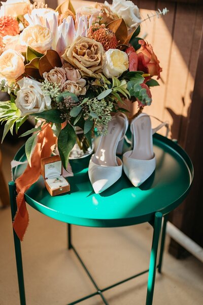 Bridal Bouquet with Ring & Shoes - Megan & Amber | Hood River Wedding  - LGBTQ Wedding