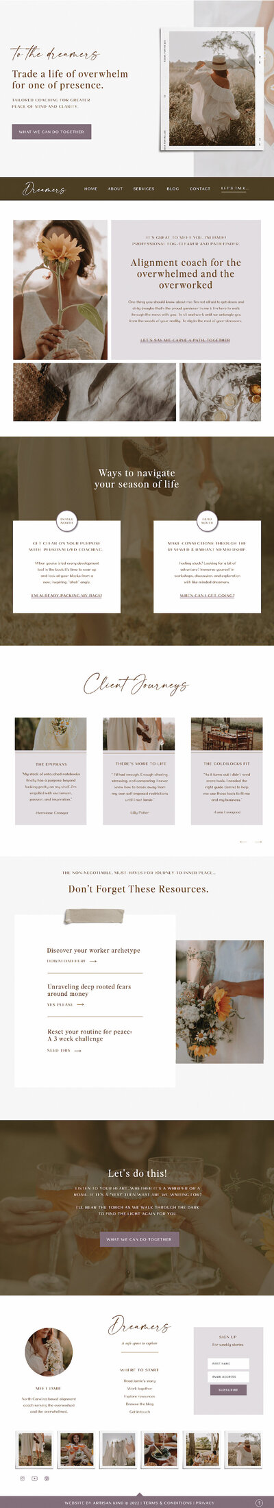 Artisan Kind Showit website template customized with a brown and purple color palette