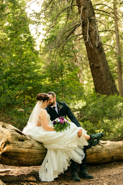 Jackson Hole photographers capture couple in forest sitting on log during bridals