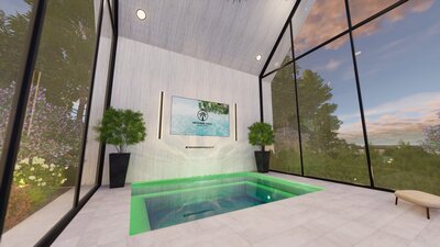 Waterfront spa structure with floor to ceiling glass windows and entertainment system.
