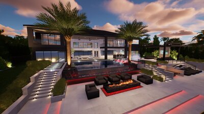 Luxury waterfront backyard with modern infinity pool, firepit seating area, and boat dock.