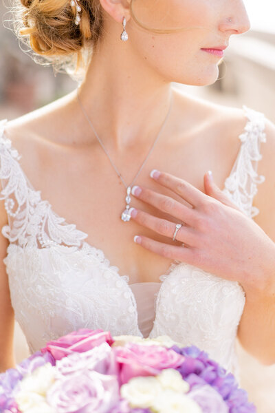 Closeup pink wedding ring box at Bay Area wedding