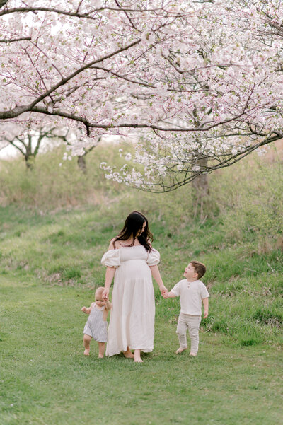 A mother of two boys holding their hands as they walk under the cherry blossom trees in Cleveland, OH