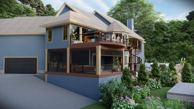 Photorealistic 3D rendering of a two-level deck with a screened-in porch on the lower level. 