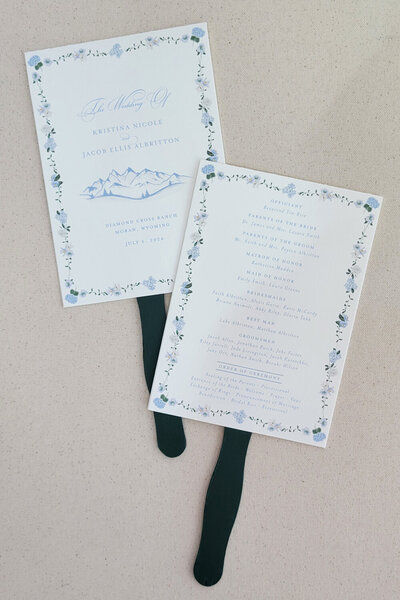 French blue floral wedding programs in JAckson, Wy.