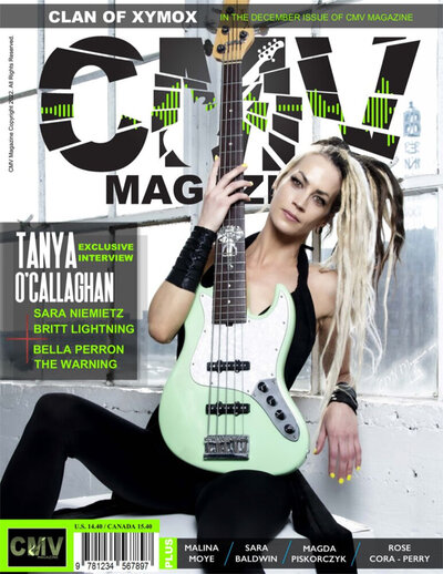 Magazine cover CMV featuring Tanya O Callaghan sitting on white bench leaning back against large window with bass