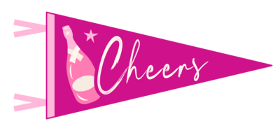 Branding graphic of a flag in hot pink that has the words Cheers on it