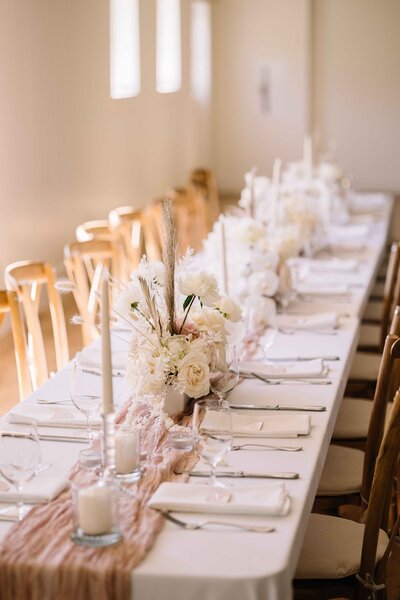 Orchid Lined Tablescape Centerpiece - Mikayla & Mario | Harmony Meadows Wedding - Lake Chelan Wedding