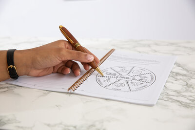 A hand holding a pen writing in an open journal