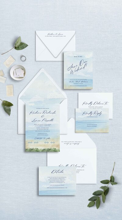 Wedding Invitations for a Beach Wedding with Painted Landscape