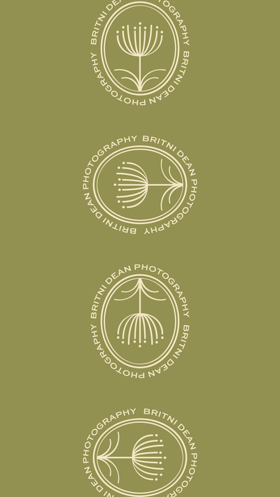 Britni Dean Photography stamp logos in alternating orientations on a green background